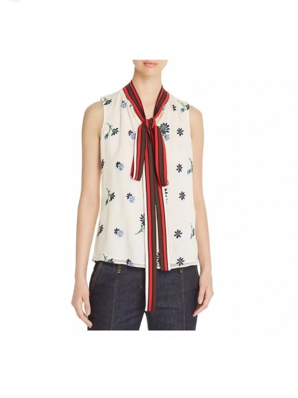 Tory Burch Embroidered Shell Contrast Bow Top Size 12 Ivory Floral - Picture 2 of 16